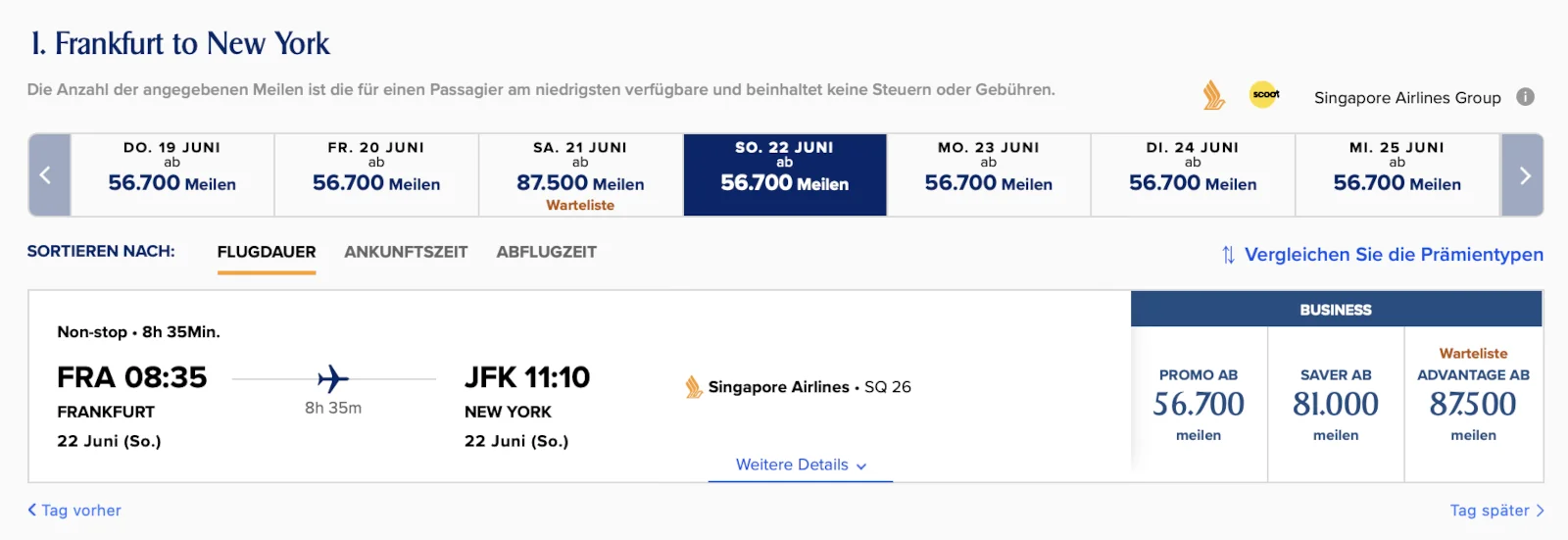Singapore Airlines Spontaneous Escapes Frankfurt. -New York Business Class Prämienflüge im Juni