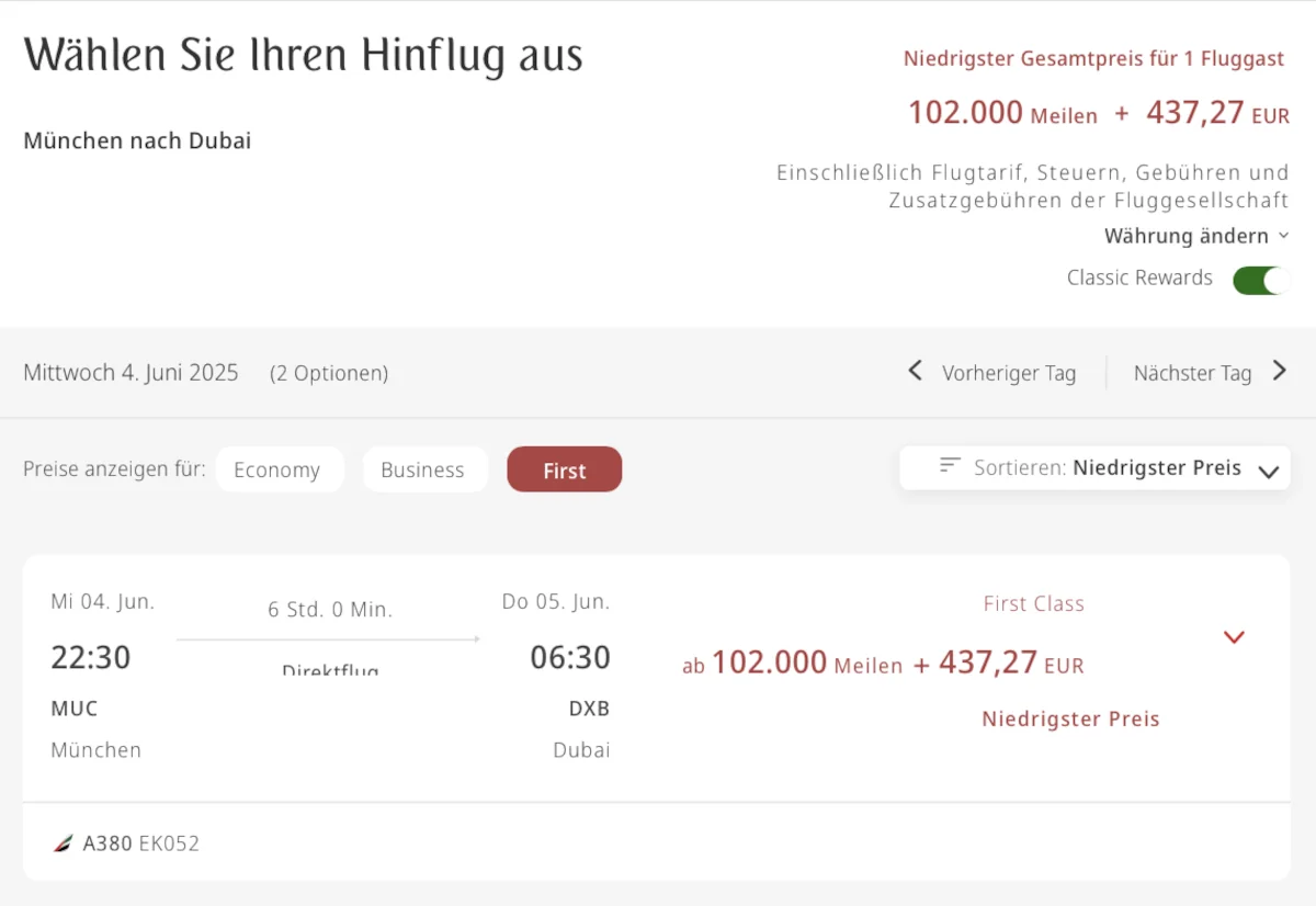 Emirates Skywards begrenzt First Class Prämienflüge auf Statusinhaber