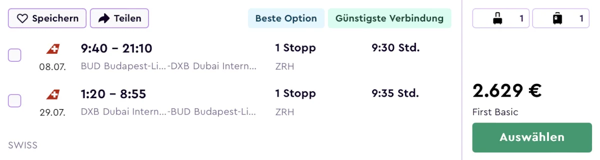 SWISS First Class Budapest - Dubai Angebote im Sommer 2026