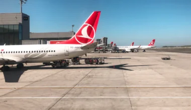 Turkish Airlines Flugzeuge am Flughafen Istanbul Promotion eine Million Meilen zu verdienen