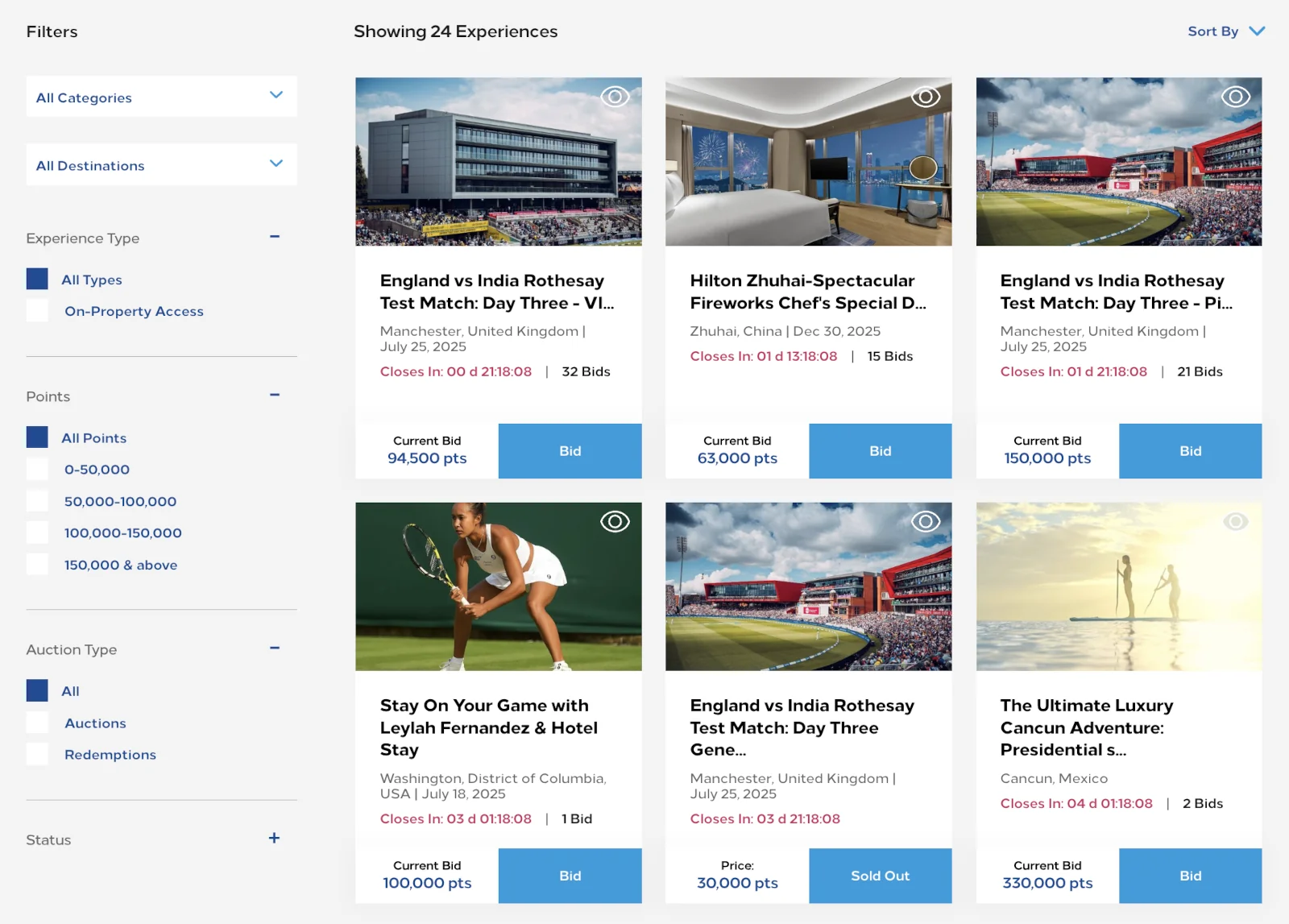 Hilton Honors Experiences Webseite Filter