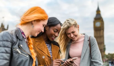 Gruppe von Mädchen in London neben Big Ben Städtereise überprüfen Karte auf dem Smartphone