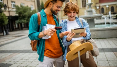 fröhliches junges Paar mit Kreditkarte bestellt online etwas auf dem Tablet