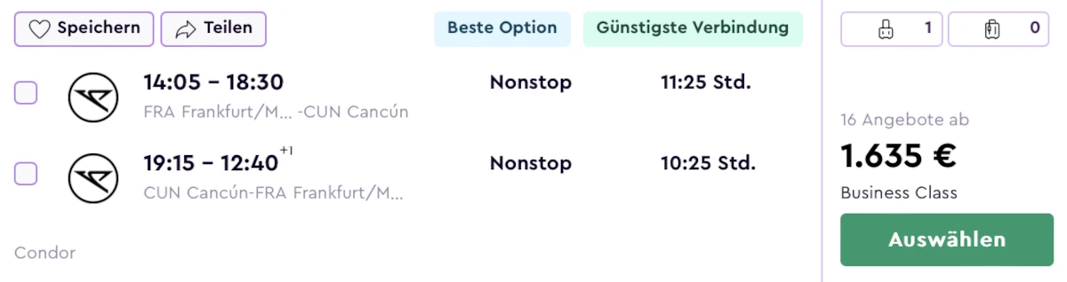 Business Class Angebote Condor Frankfurt - Cancun