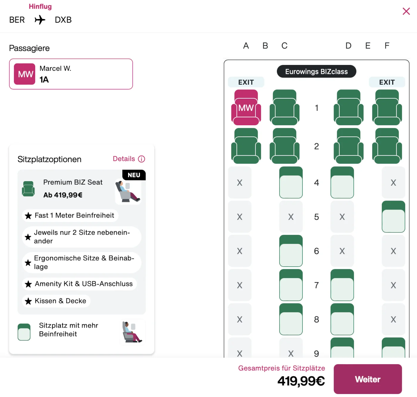 Eurowings Seatmap BIZ Premium Sitz Preis und Sitzplatzauswahl Berlin - Dubai