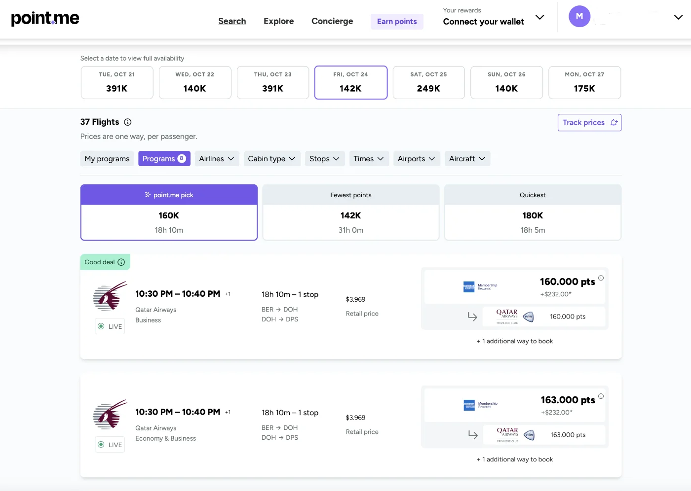 Suche Prämienflüge mit Point.me Verfügbarkeiten mit Qatar Airways Bali - Bali