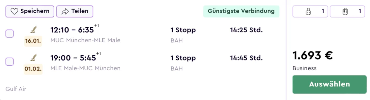 Gulf Air Business Class Flüge Deutschland - Malediven