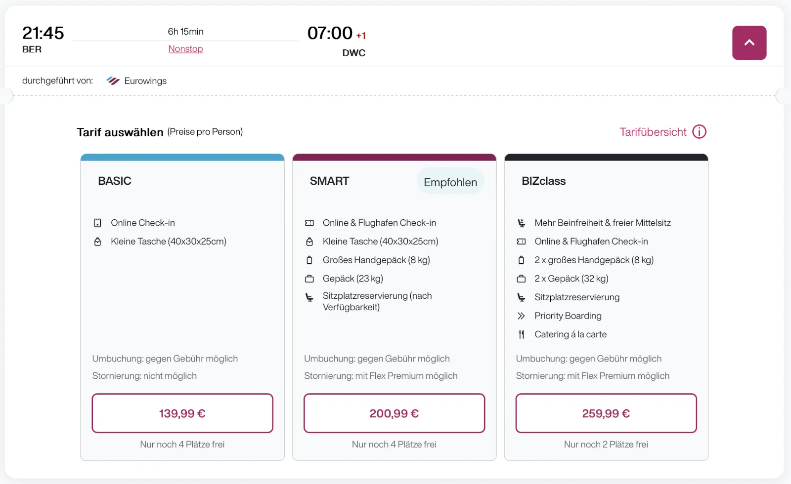 Eurowings Berlin - Dubai Word Central Flugauswahl Tarifübersicht