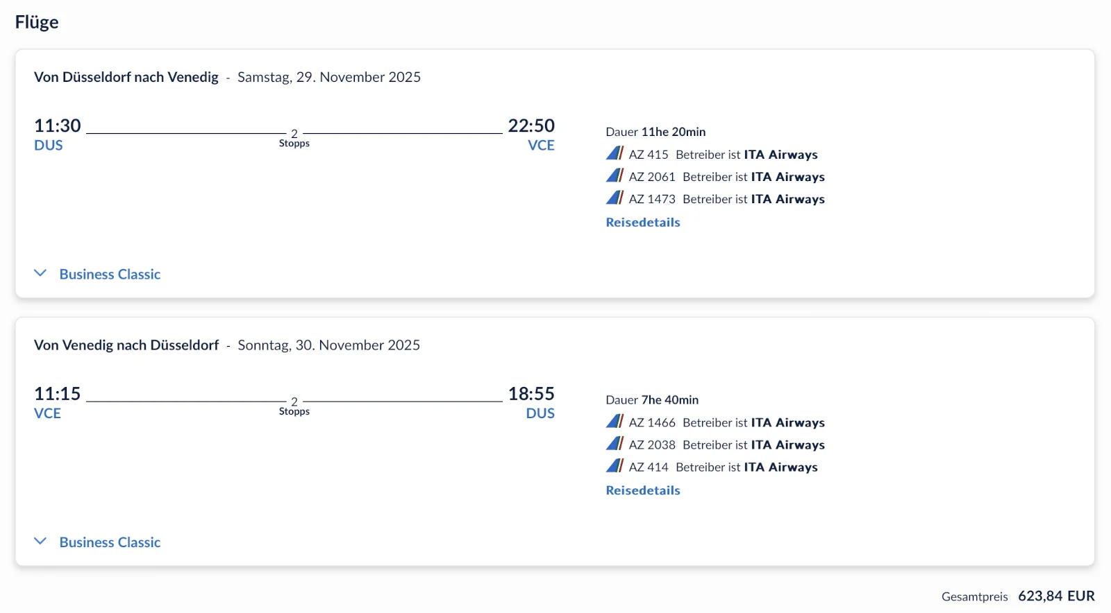 ITA Airways Flüge Mileage-Run mit Points und Qualifying Points, um einen Miles & More Status zu erreichen