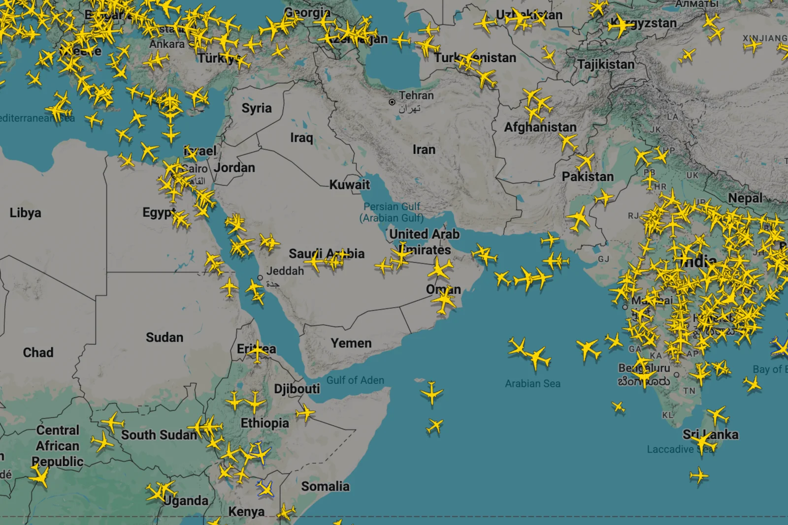 Karte Luftraumsperrungen im Nahen Osten nach Irna-Angriffen
