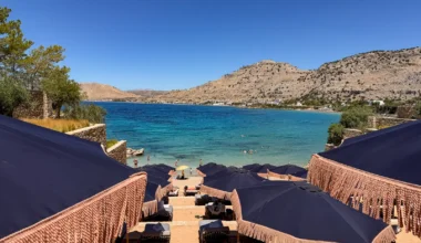 Liegen mit Schirmen am Hauptstrand im Amaoh Rhodos