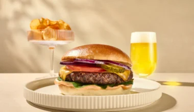 Lufthansa bietet bei den Onboard Delights fünf warme Gerichte, darunter einen Cheeseburger von Hans im Glück